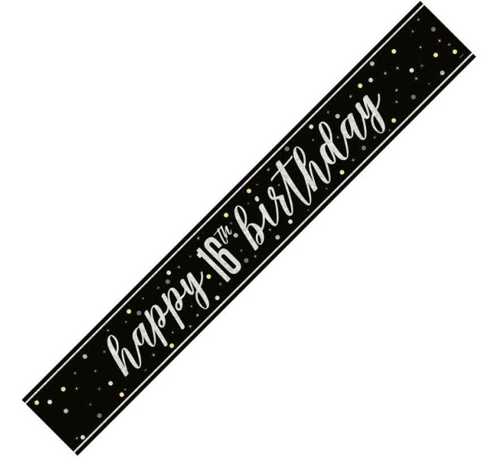 Glitz Black Happy 16th Birthday Banner