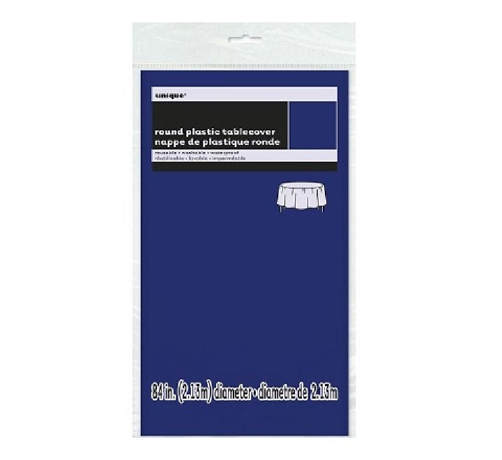 Unique navy round plastic table cover  (STANDARD PACKAGING)