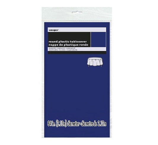 Unique navy round plastic table cover  (STANDARD PACKAGING)