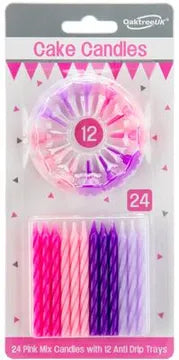 Spiral Cake Candles Pink Mix 24 Candles and 12 Holders