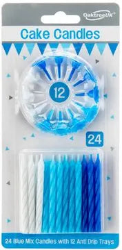 Spiral Cake Candles Blue Mix 24 Candles and 12 Holders